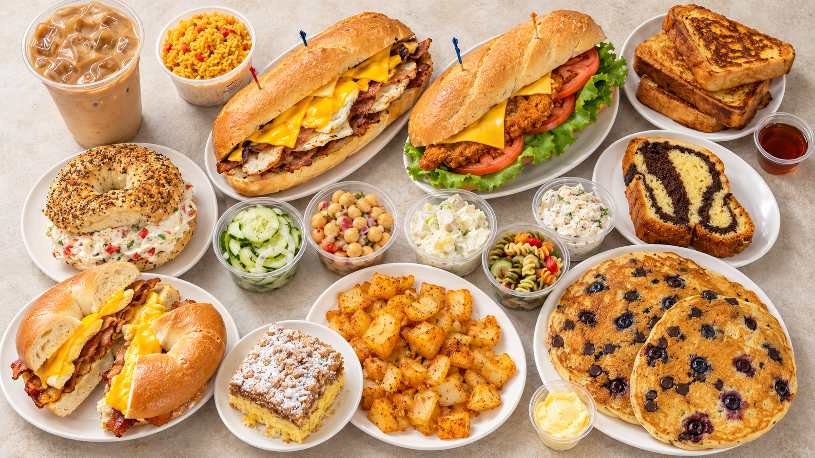 Deli spread with hero sandwiches, bagels, pancakes, iced coffee, salads and home fries